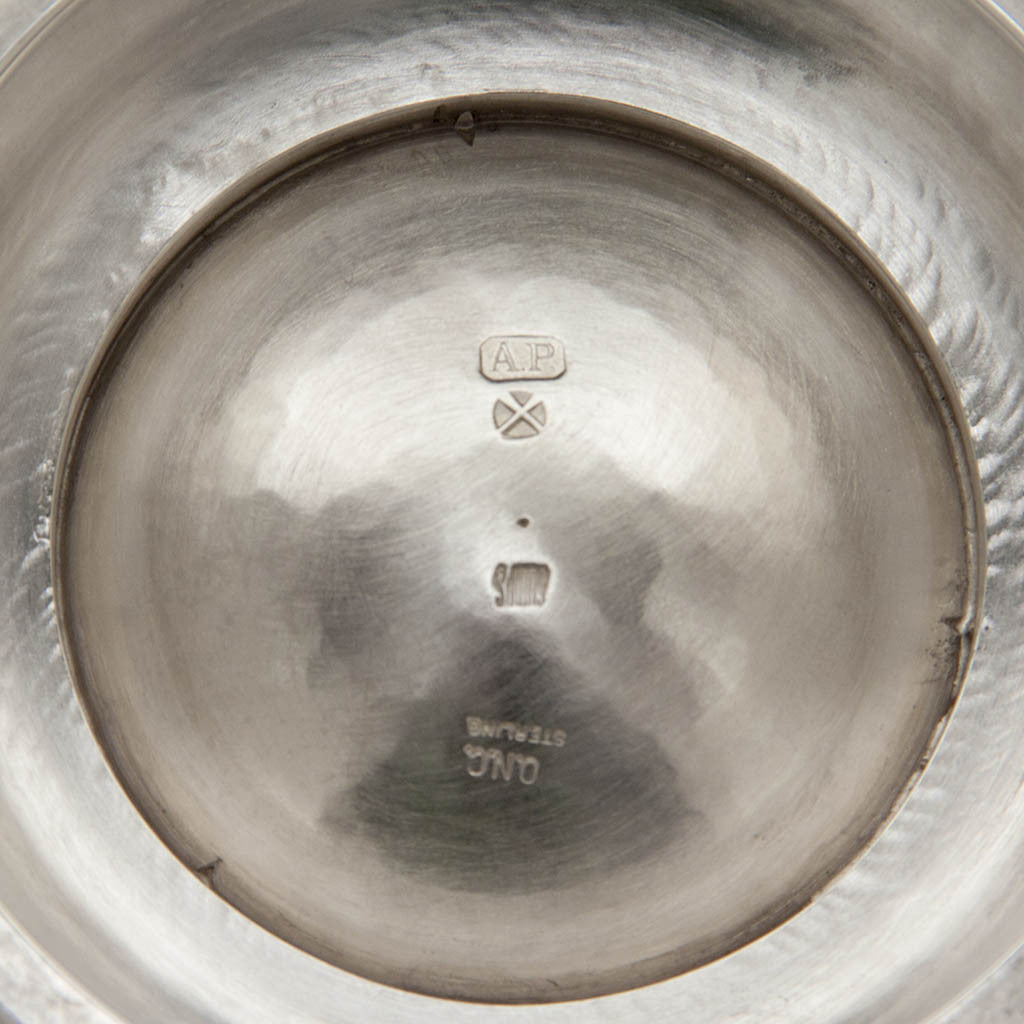 Marks on Alan Place for Old Newbury Crafters Modern Sterling Arts &amp; Crafts Water Pitcher, Amesbury, MA, 1991, retailed by Gumps, San Francisco, CA