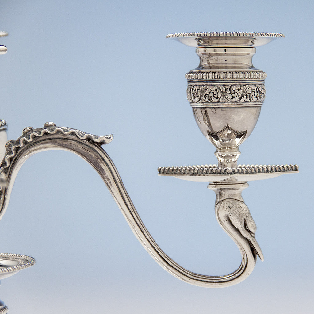 Swan Arm to Tiffany &amp; Co Pair of Antique Sterling Silver Five-light Candelabra with Swans, New York City, 1891-1902