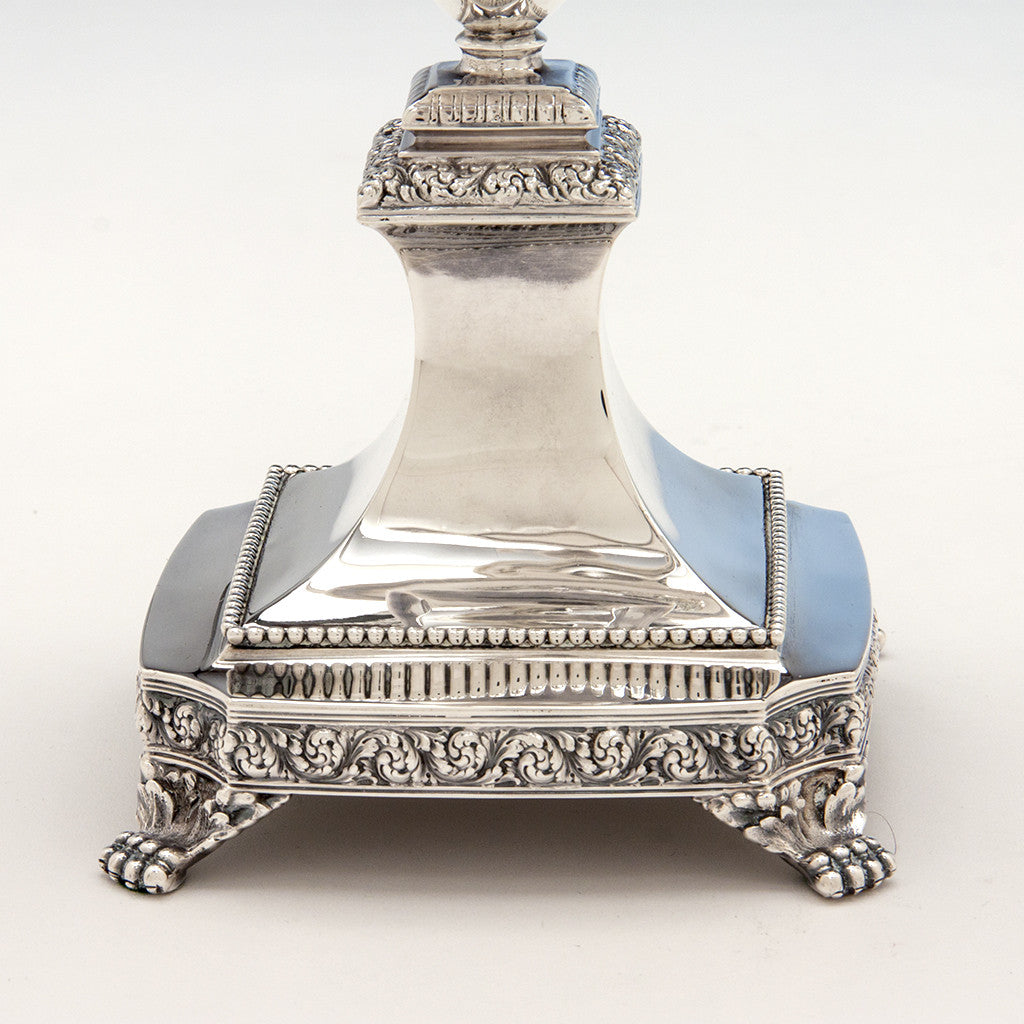 Base of Tiffany &amp; Co Pair of Antique Sterling Silver Five-light Candelabra with Swans, New York City, 1891-1902