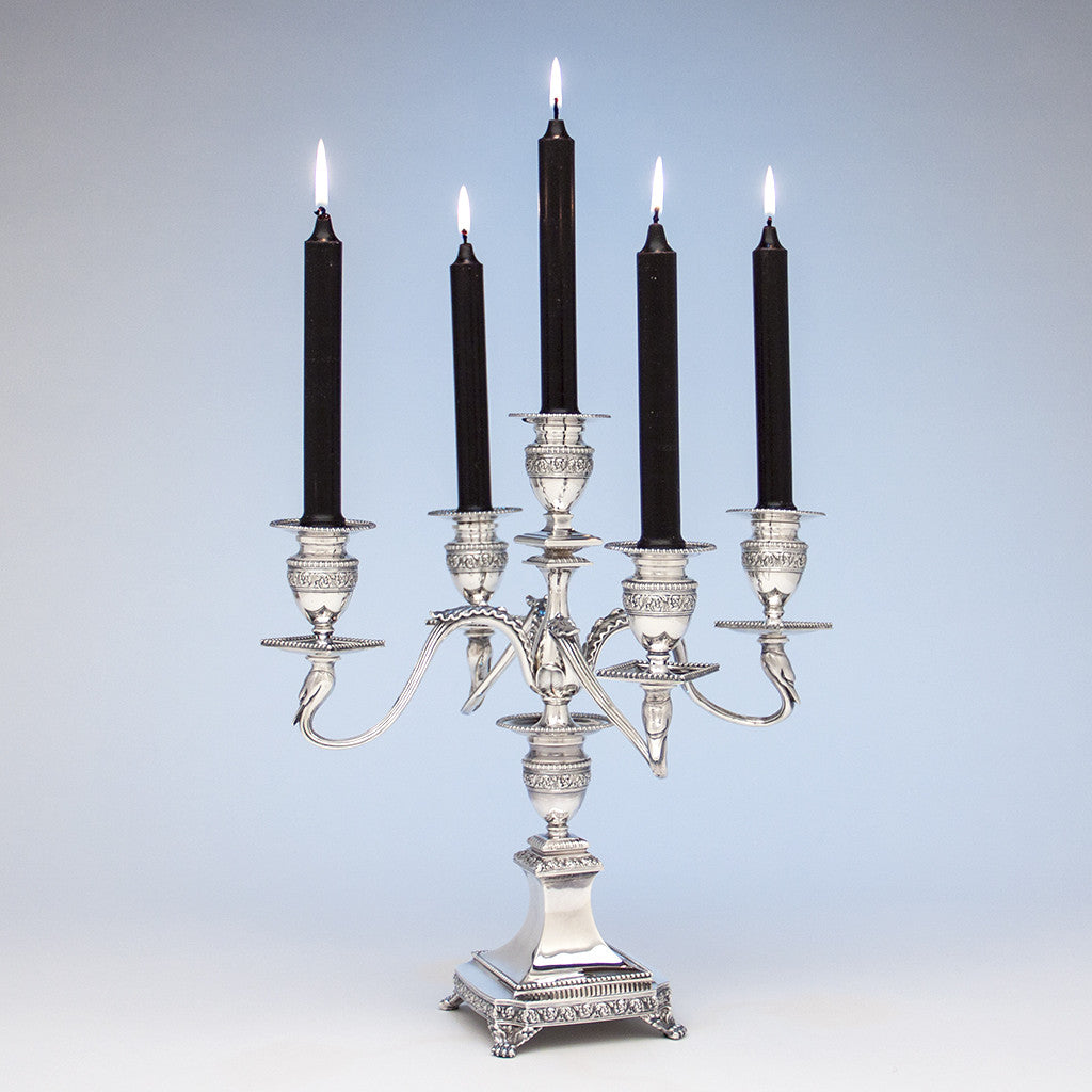 Single candelabrum to Tiffany &amp; Co Pair of Antique Sterling Silver Five-light Candelabra with Swans, New York City, 1891-1902