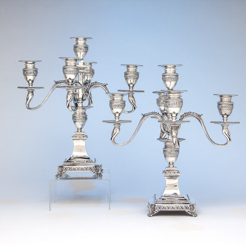 Tiffany & Co Pair of Antique Sterling Silver Five-light Candelabra with Swans, New York City, 1891-1902