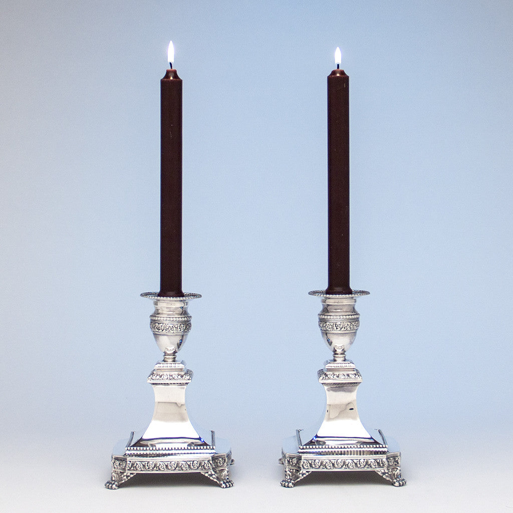 Used as sticks - Tiffany &amp; Co Pair of Antique Sterling Silver Five-light Candelabra with Swans, New York City, 1891-1902