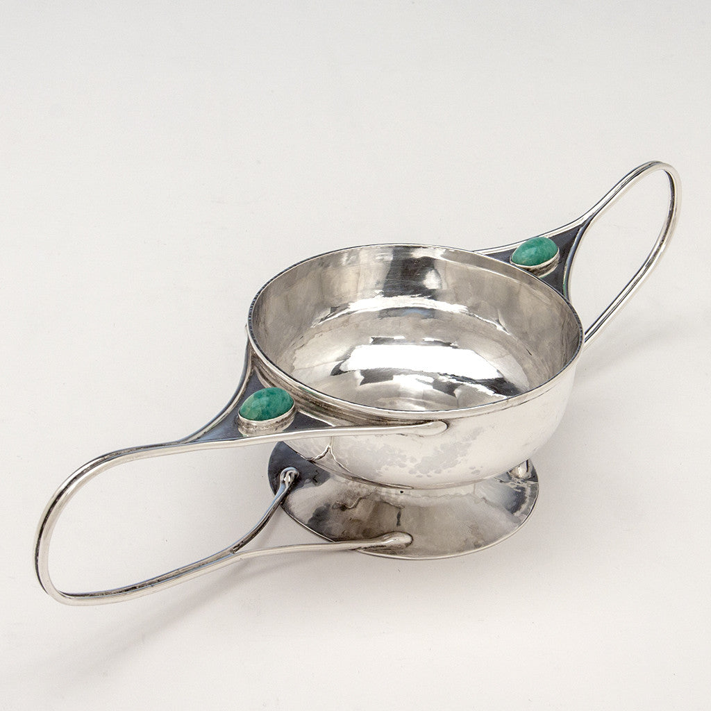 Angle view of Shreve, Crump &amp; Low Co Arts &amp; Crafts Sterling Silver and Semi-Precious Stone 2-handled Condiment Dish, Boston, c. 1905