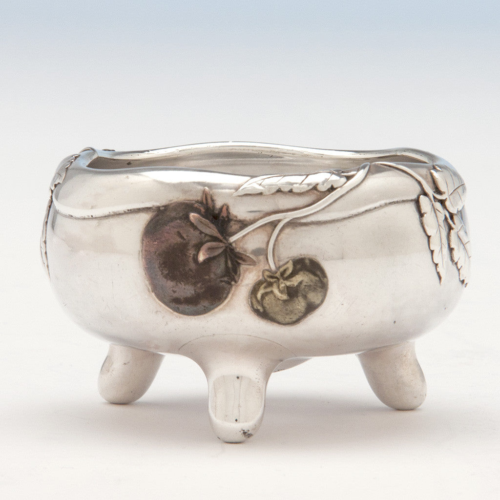 Applied cherries on Tiffany &amp; Co. Pair of  Antique Sterling Silver Mixed Metal Salts, New York City, c. 1880