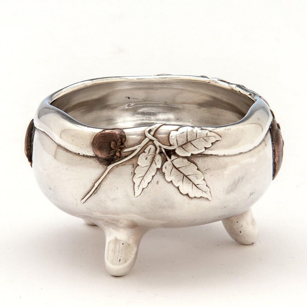 Closeup of Tiffany &amp; Co. Pair of  Antique Sterling Silver Mixed Metal Salts, New York City, c. 1880
