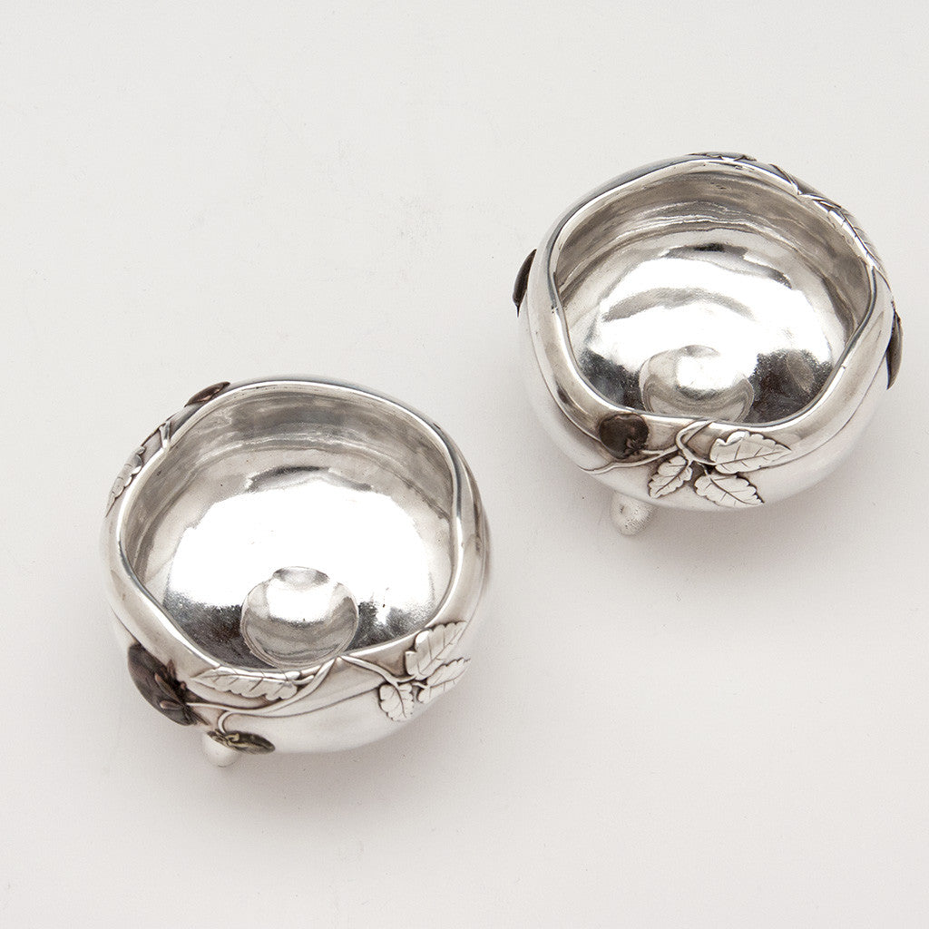 Interior of Tiffany &amp; Co. Pair of  Antique Sterling Silver Mixed Metal Salts, New York City, c. 1880