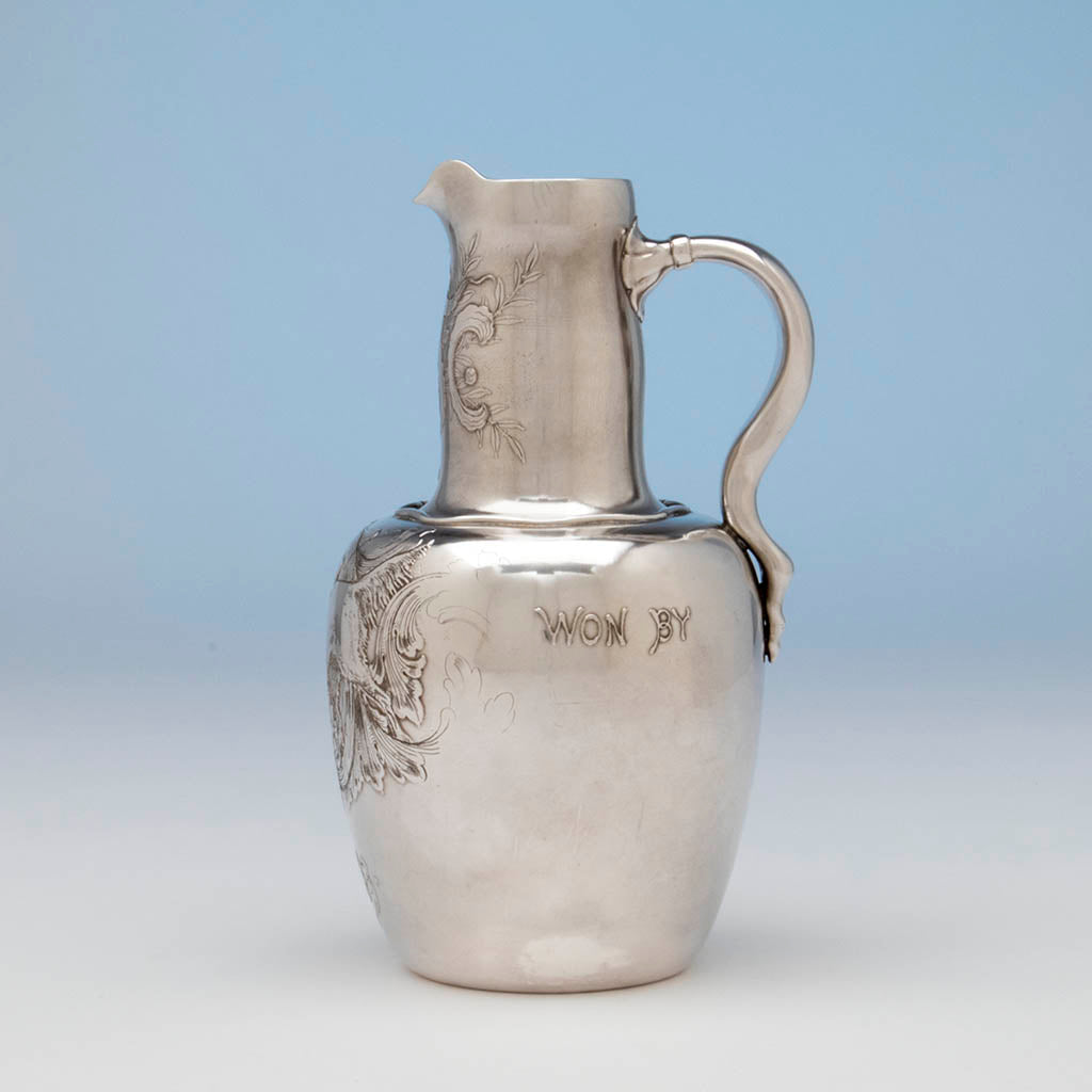 Side of Whiting Antique Sterling Silver Sporting Trophy Flagon, NYC, 1883