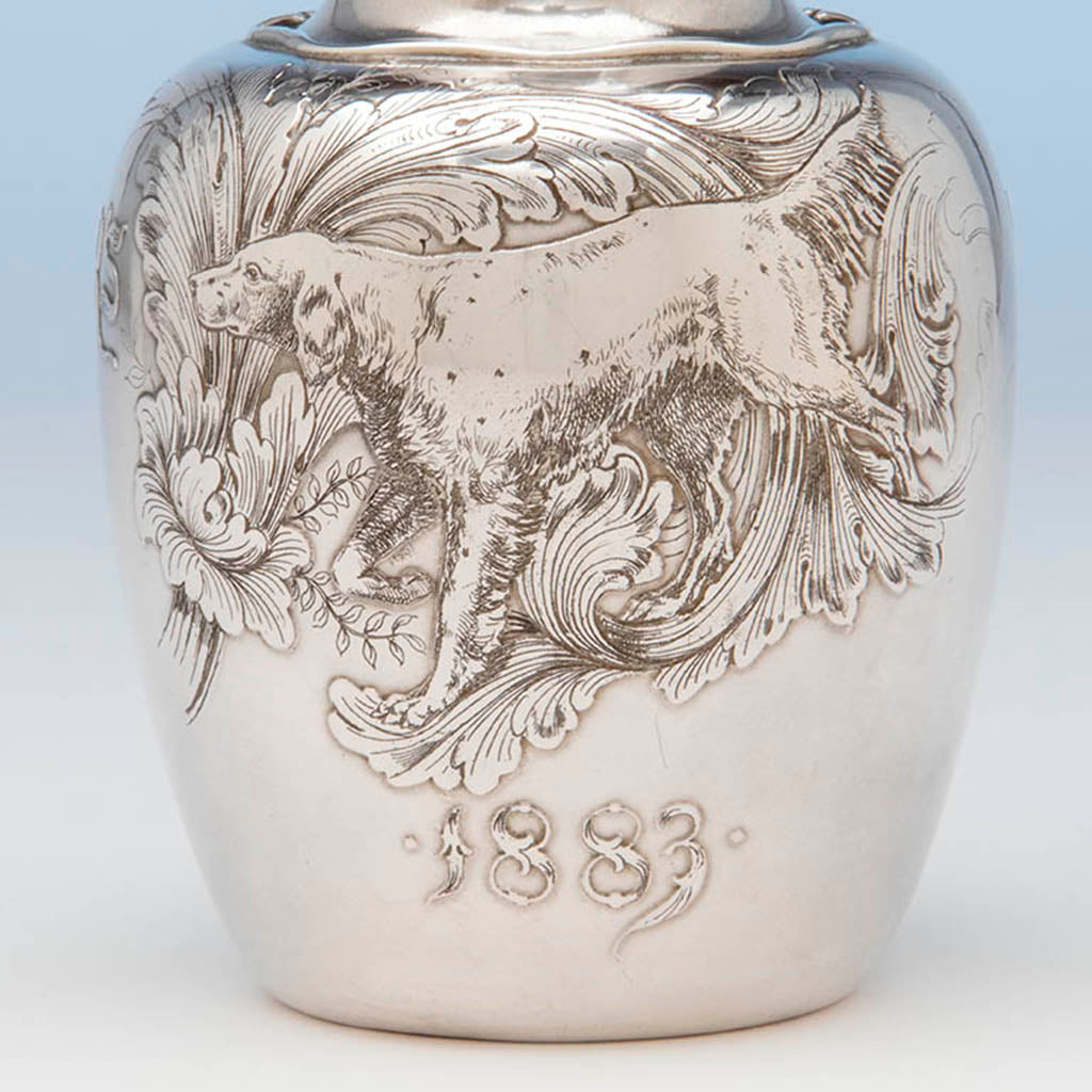 Front of Whiting Antique Sterling Silver Sporting Trophy Flagon, NYC, 1883