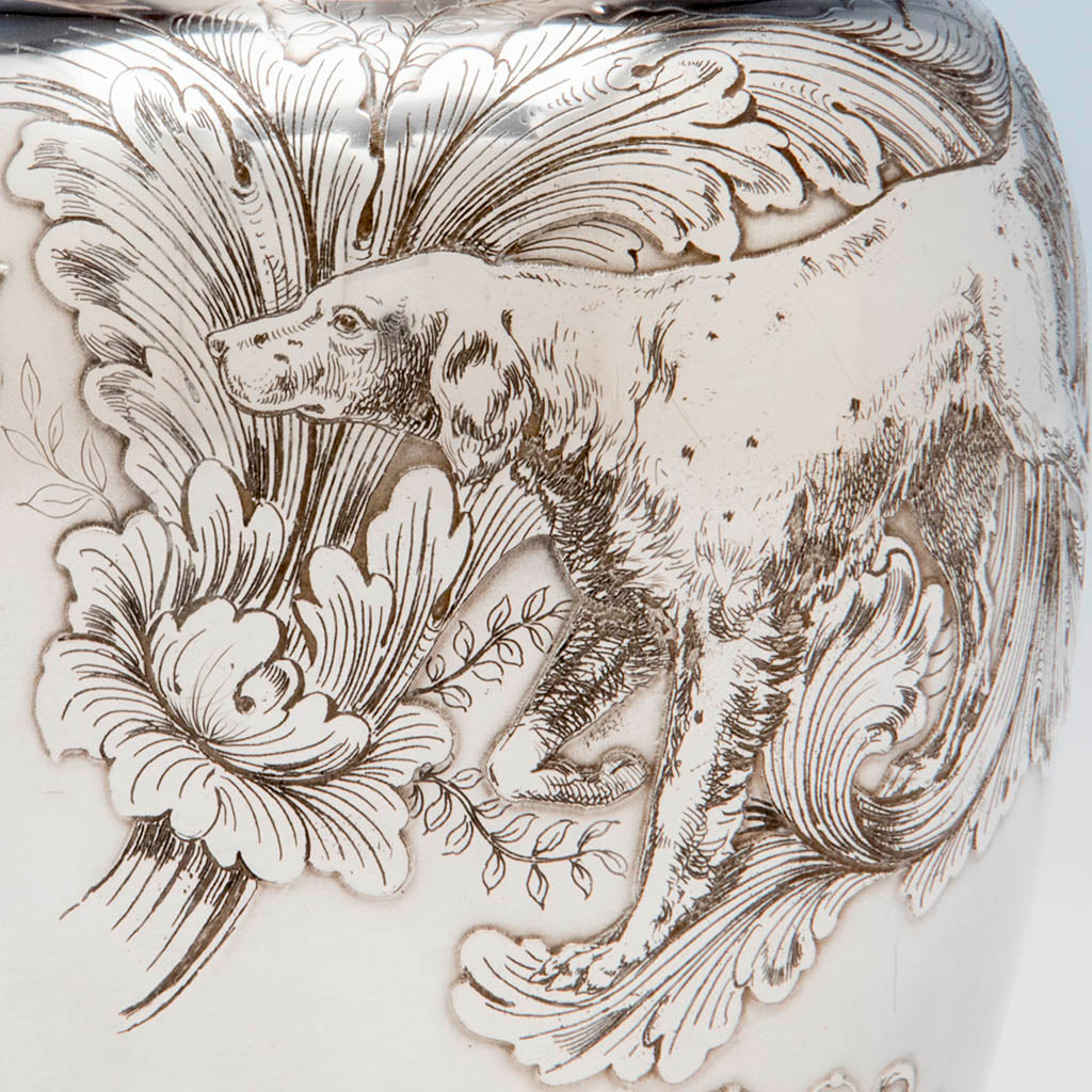 Engraving detail on Whiting Antique Sterling Silver Sporting Trophy Flagon, NYC, 1883