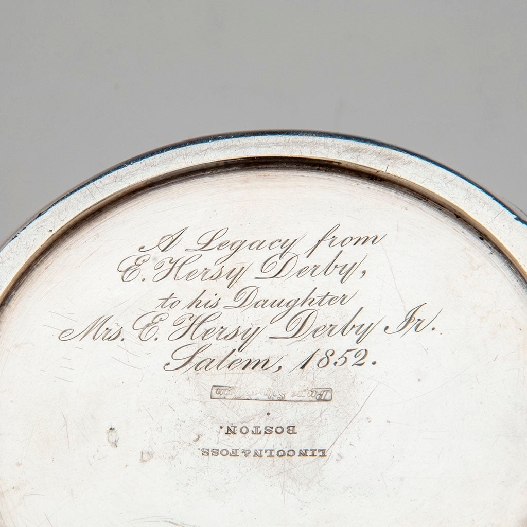 Inscription and marks on Lincoln &amp; Foss Antique Coin Silver Hops Pitcher, Boston, 1852