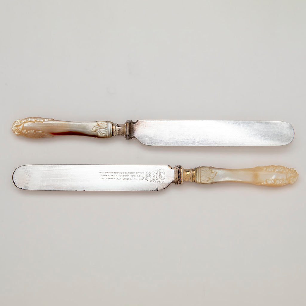 Details of Lamson &amp; Goodnow Mfg Co President Grant Silver and Mother-of-Pearl Tea Knives, Shelburne Falls, MA, c. 1869