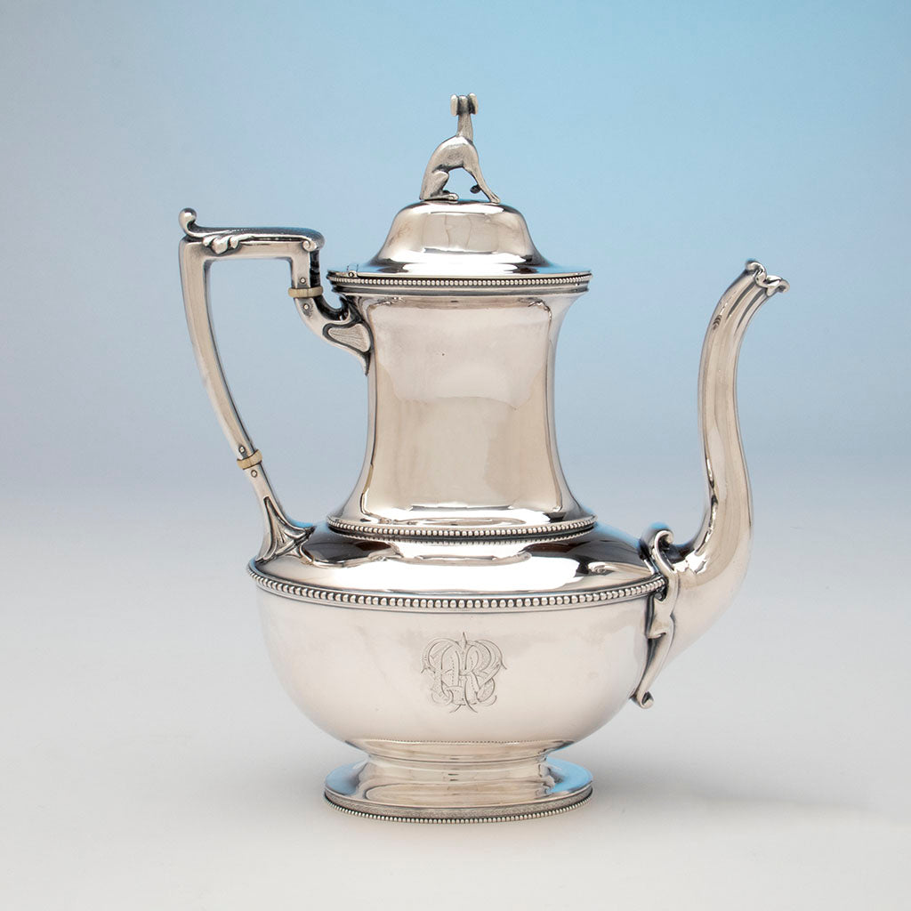 Back of coffee pot to Rogers &amp; Wendt Antique Coin Silver Coffee Set, Boston, c. 1857-60