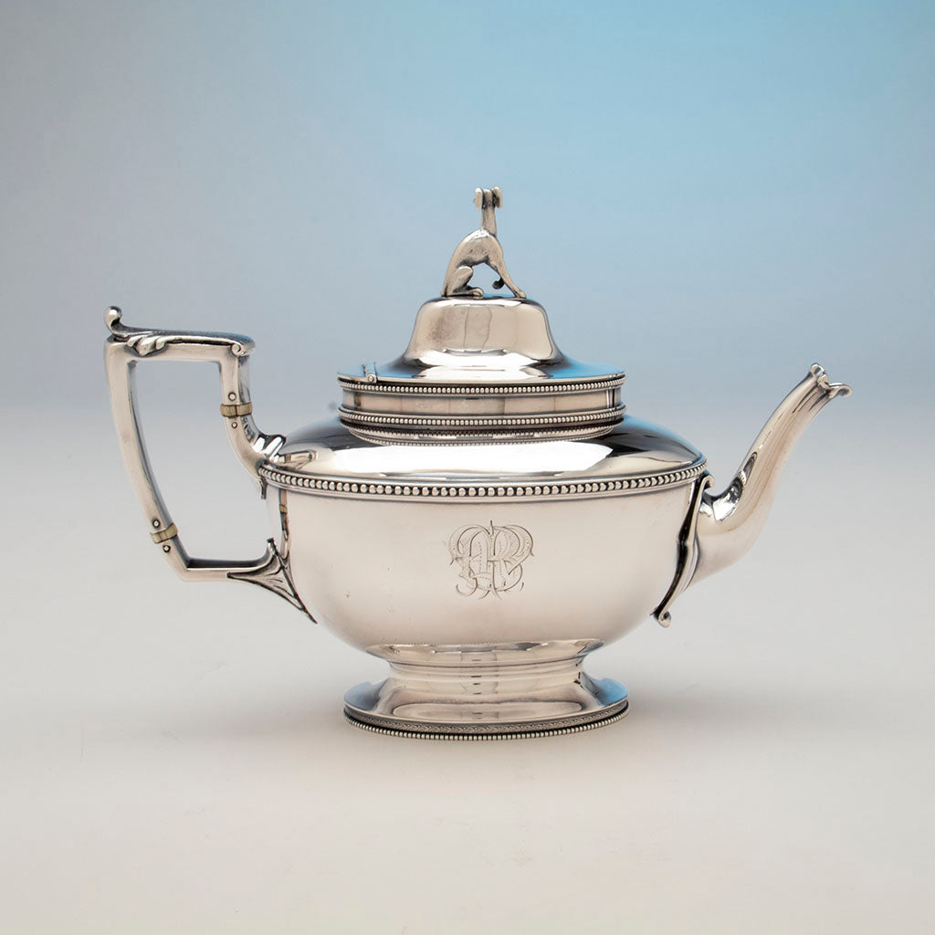 Back of tea pot to Rogers &amp; Wendt Antique Coin Silver Coffee Set, Boston, c. 1857-60