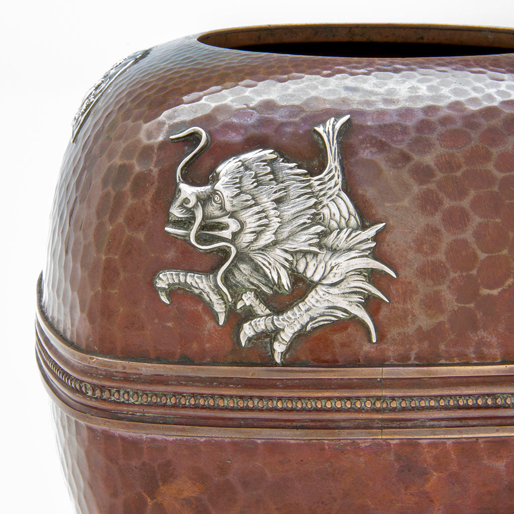 Silver dragon on Gorham Antique Mixed Metal Copper and Silver Lamp Base/ Vase, Providence, RI, 1883
