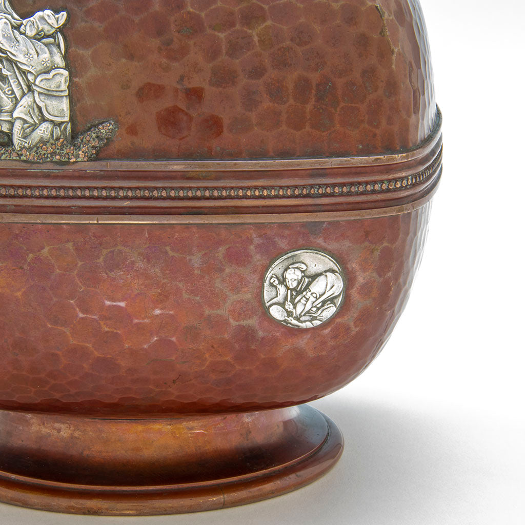 Circular applique on Gorham Antique Mixed Metal Copper and Silver Lamp Base/ Vase, Providence, RI, 1883