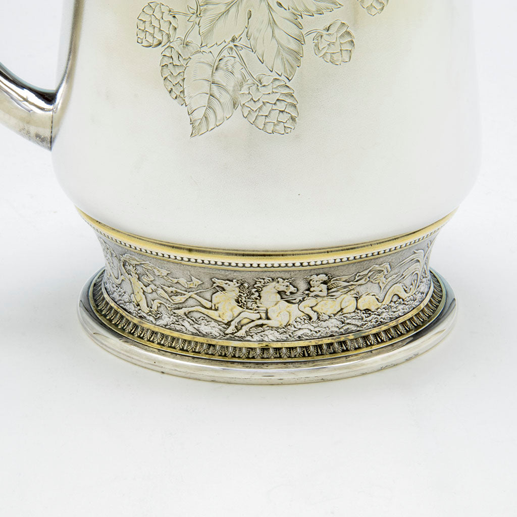 Classical design on Gorham Antique Sterling Silver Covered Figural Ale/Wine Tankard, Providence, RI, 1873