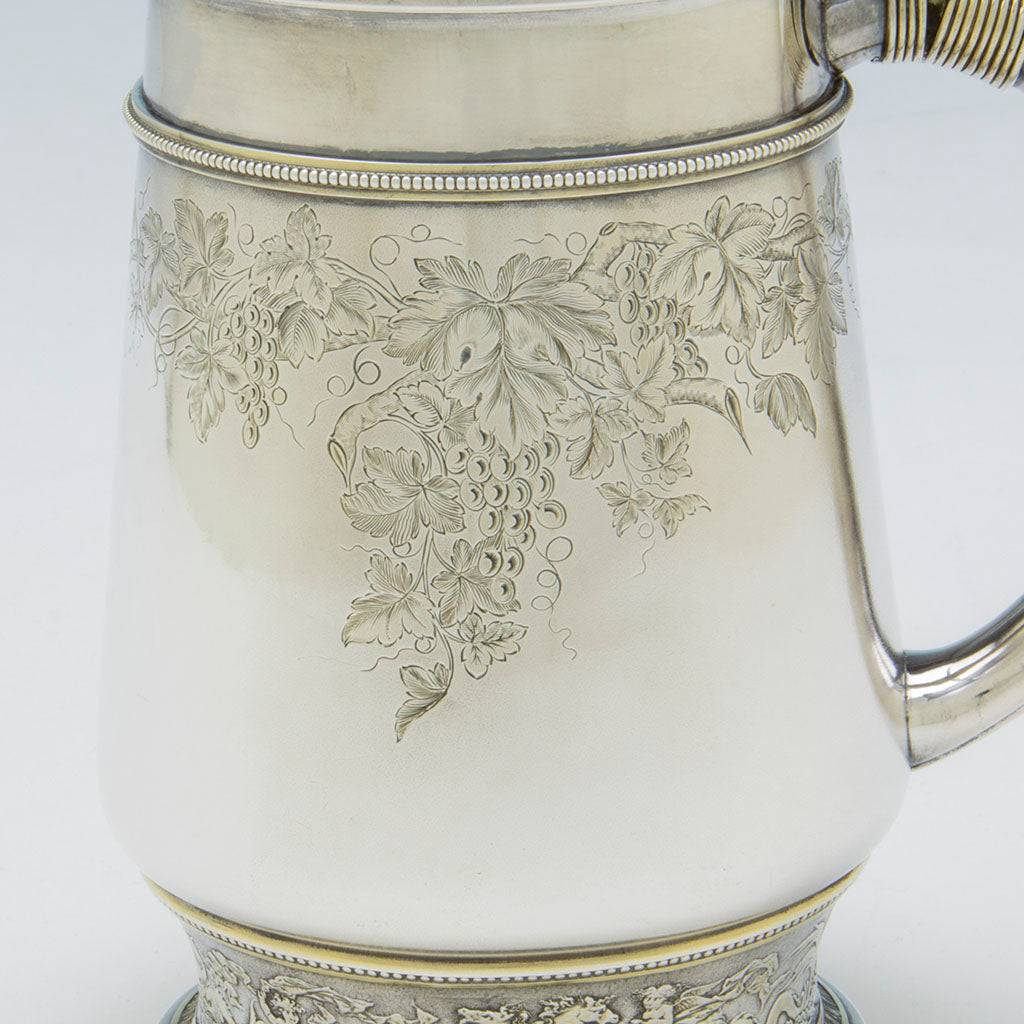 Engraved grapevine on Gorham Antique Sterling Silver Covered Figural Ale/Wine Tankard, Providence, RI, 1873