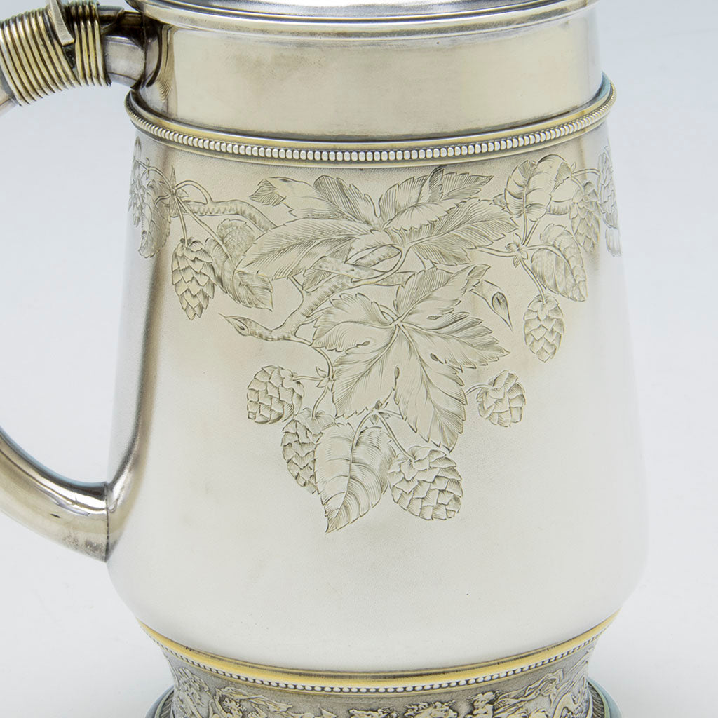 Engraved hops on Gorham Antique Sterling Silver Covered Figural Ale/Wine Tankard, Providence, RI, 1873