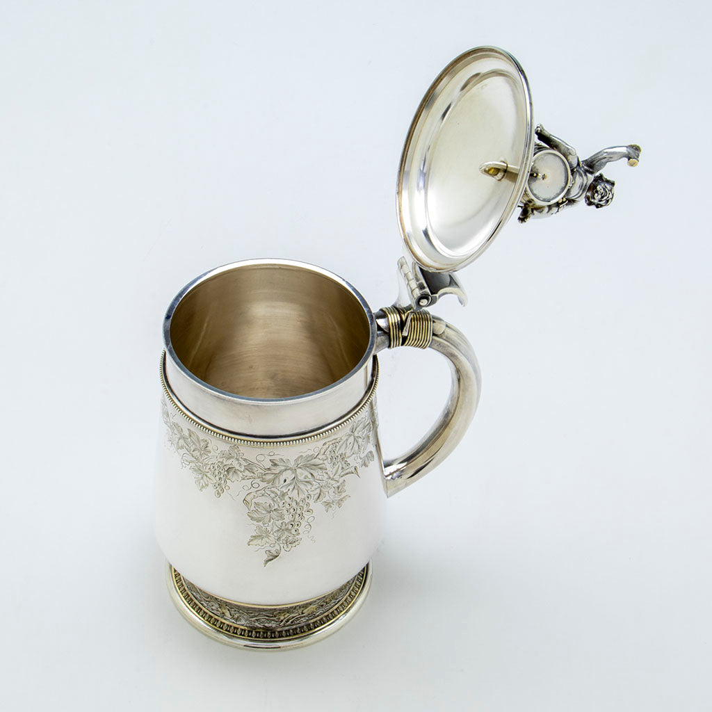 Open view of Gorham Antique Sterling Silver Covered Figural Ale/Wine Tankard, Providence, RI, 1873