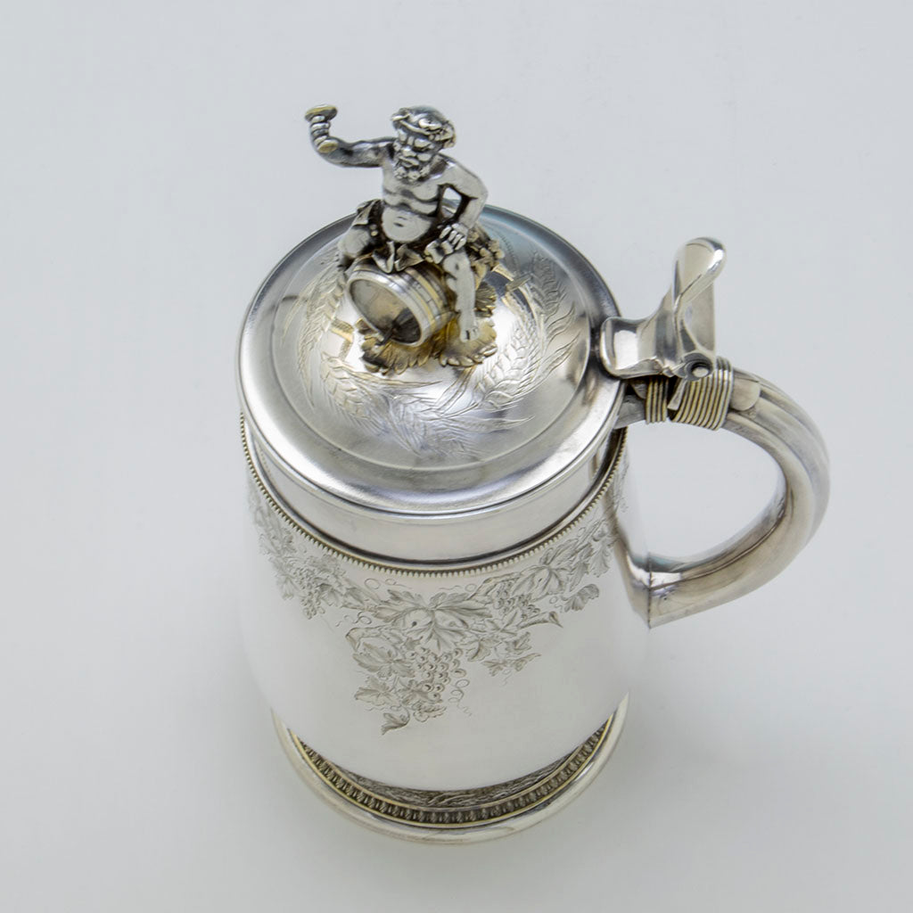 Top view of Gorham Antique Sterling Silver Covered Figural Ale/Wine Tankard, Providence, RI, 1873