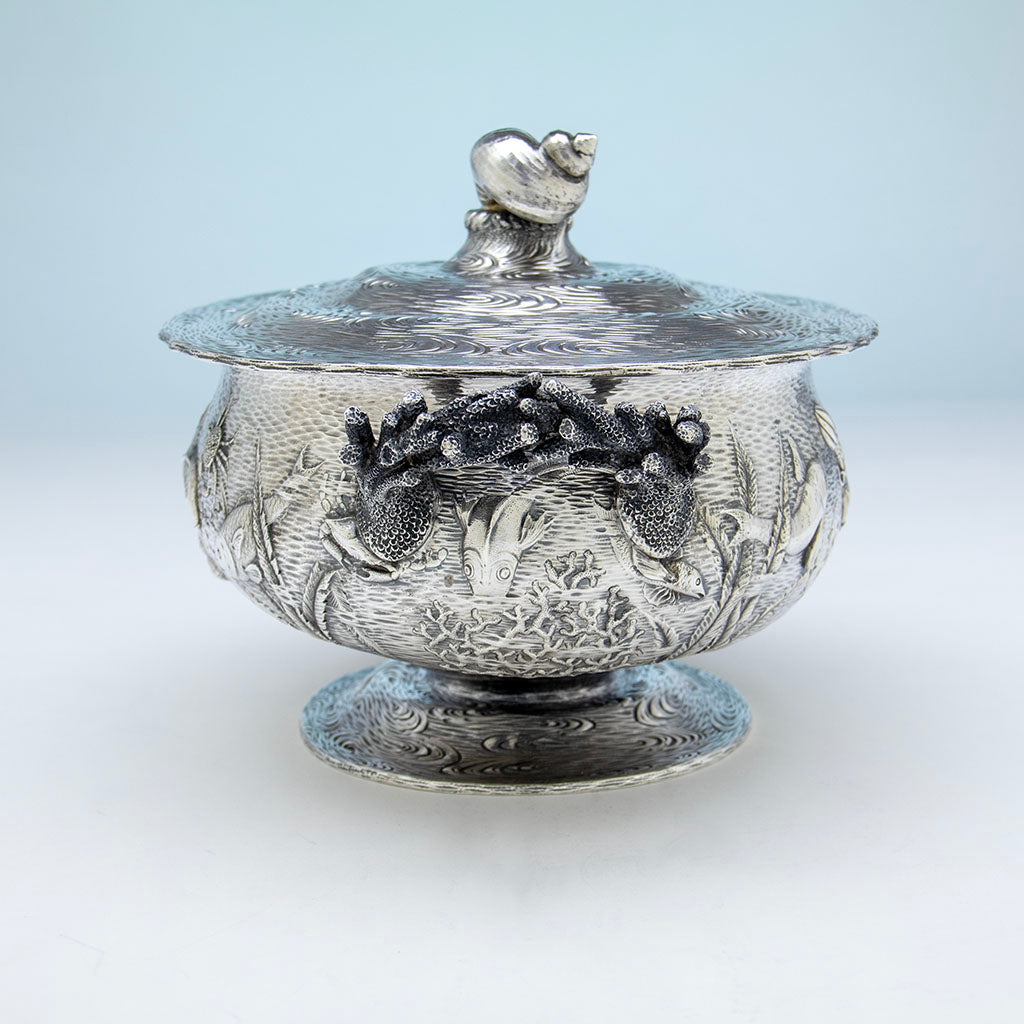 End view of William Wilson &amp; Son Antique Sterling Silver Nautical Tureen, Philadelphia, PA, c. 1880