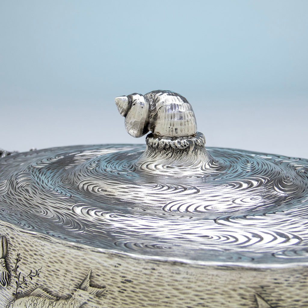 Shell handle detail of William Wilson &amp; Son Antique Sterling Silver Nautical Tureen, Philadelphia, PA, c. 1880
