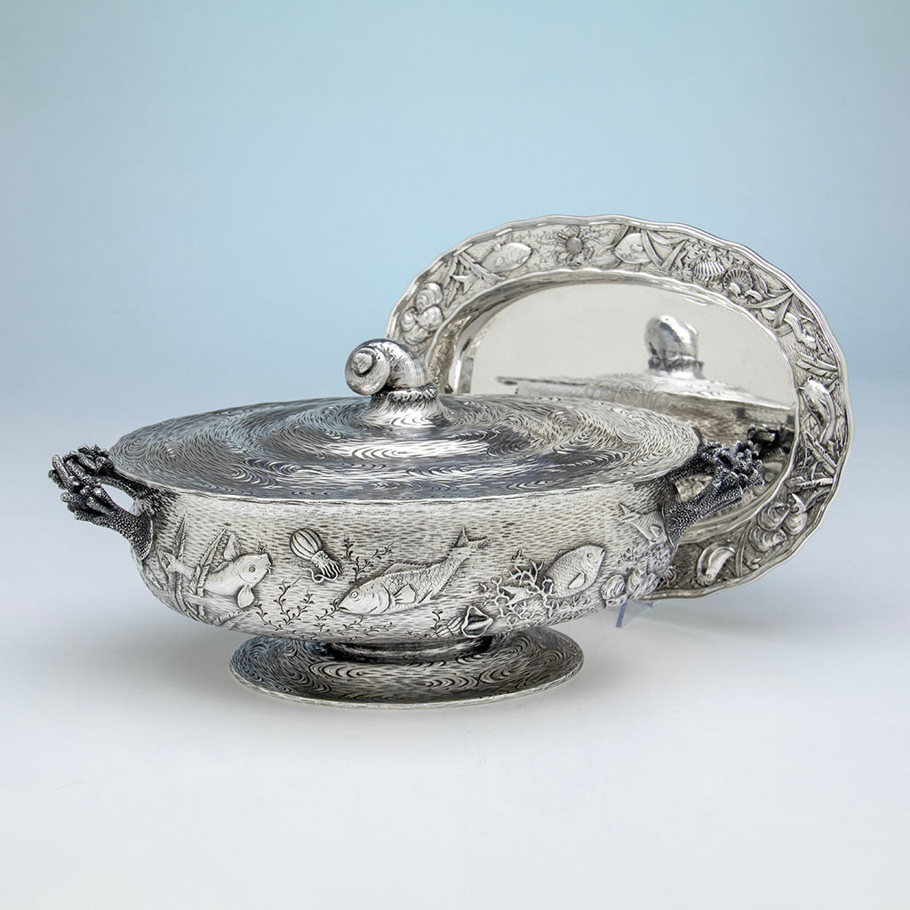 William Wilson &amp; Son Antique Sterling Silver Nautical Tureen with undertray, Philadelphia, PA, c. 1880