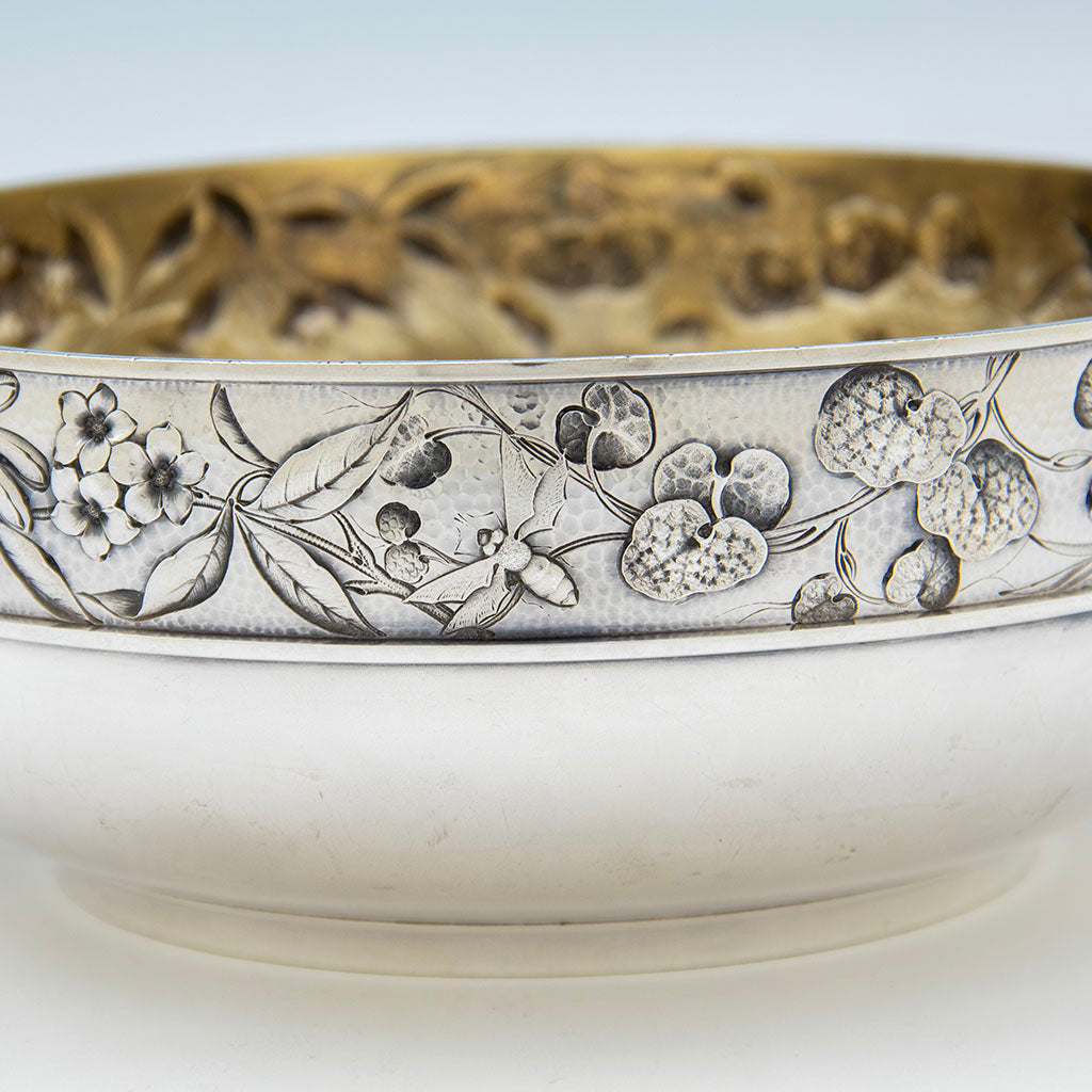 Bee on Dominick &amp; Haff (attr.) Antique Sterling Silver Intaglio Chased Aesthetic Movement Bowl, New York City, 1885