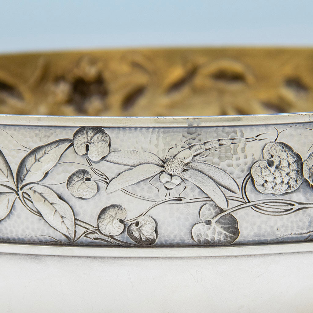 Dragonfly on Dominick &amp; Haff (attr.) Antique Sterling Silver Intaglio Chased Aesthetic Movement Bowl, New York City, 1885