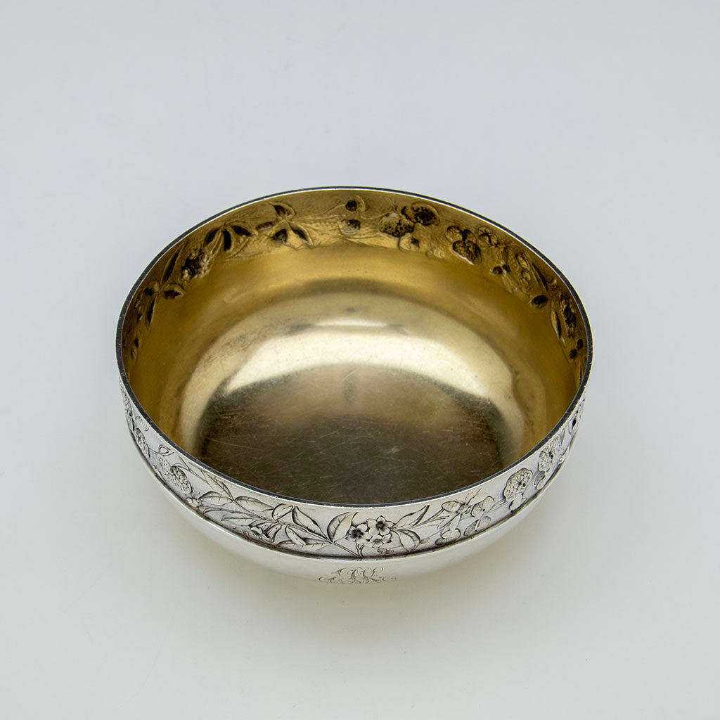 Interior of Dominick &amp; Haff (attr.) Antique Sterling Silver Intaglio Chased Aesthetic Movement Bowl, New York City, 1885