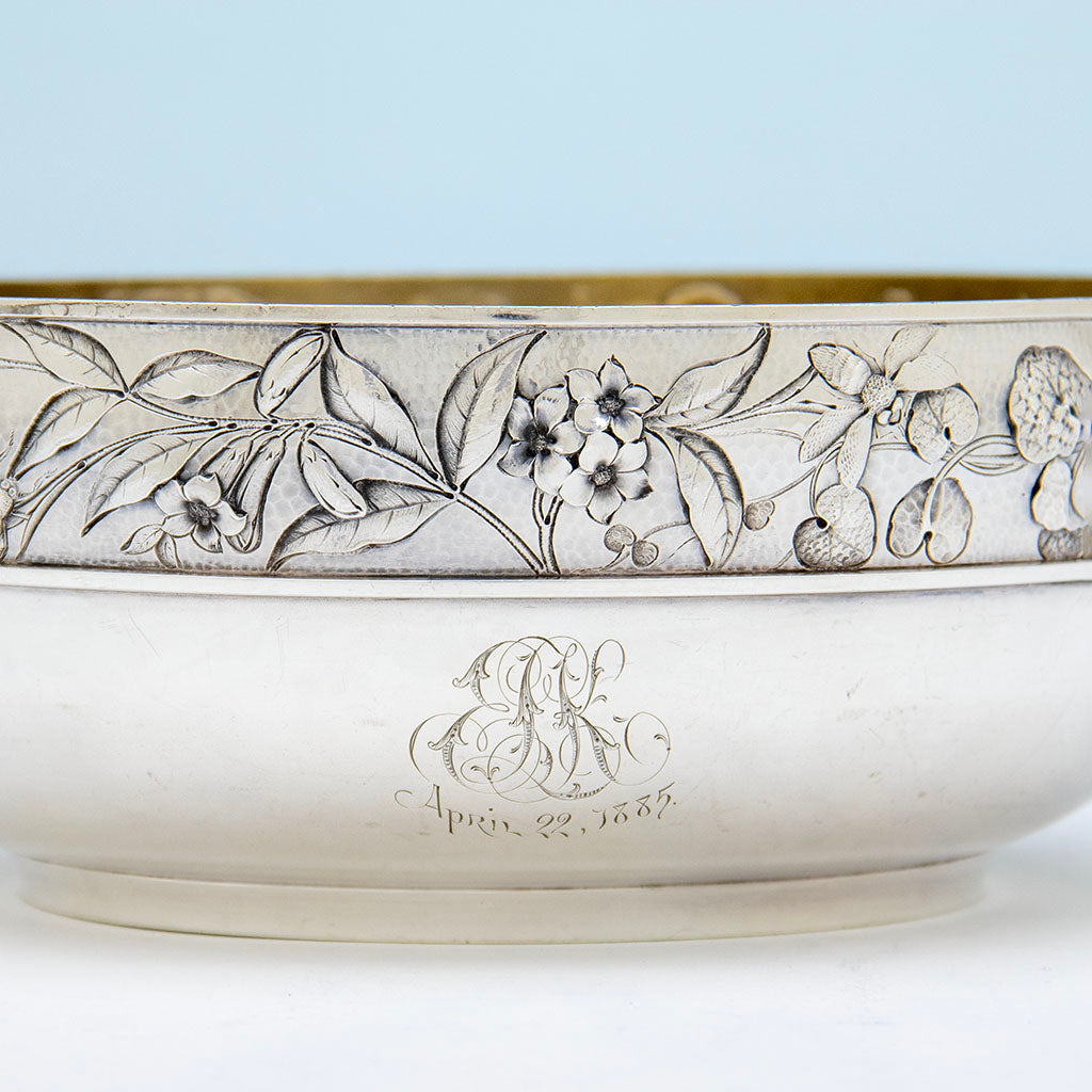 Monogram on Dominick &amp; Haff (attr.) Antique Sterling Silver Intaglio Chased Aesthetic Movement Bowl, New York City, 1885