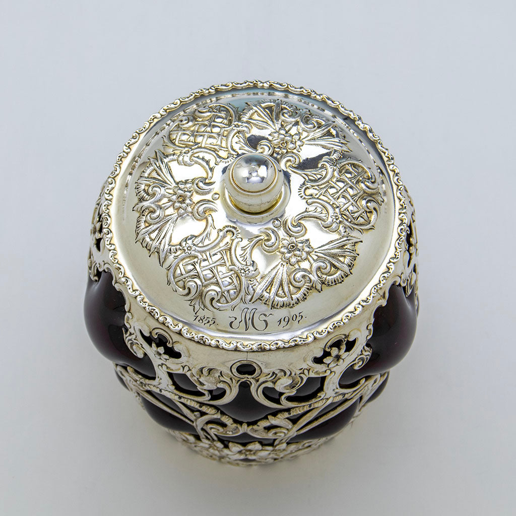 Top of Whiting Antique Sterling Silver and Ruby Glass Cracker Jar, NYC, NY, 1905