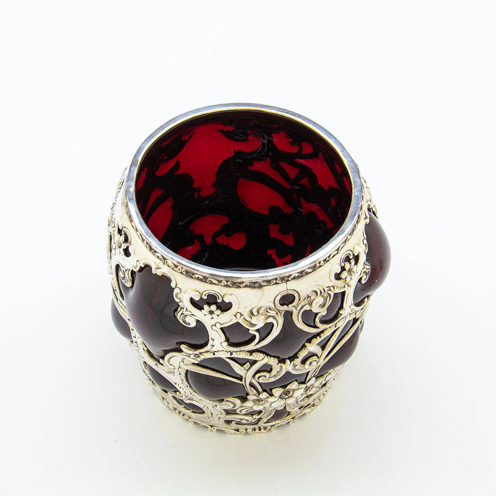 Glass detail of Whiting Antique Sterling Silver and Ruby Glass Cracker Jar, NYC, NY, 1905