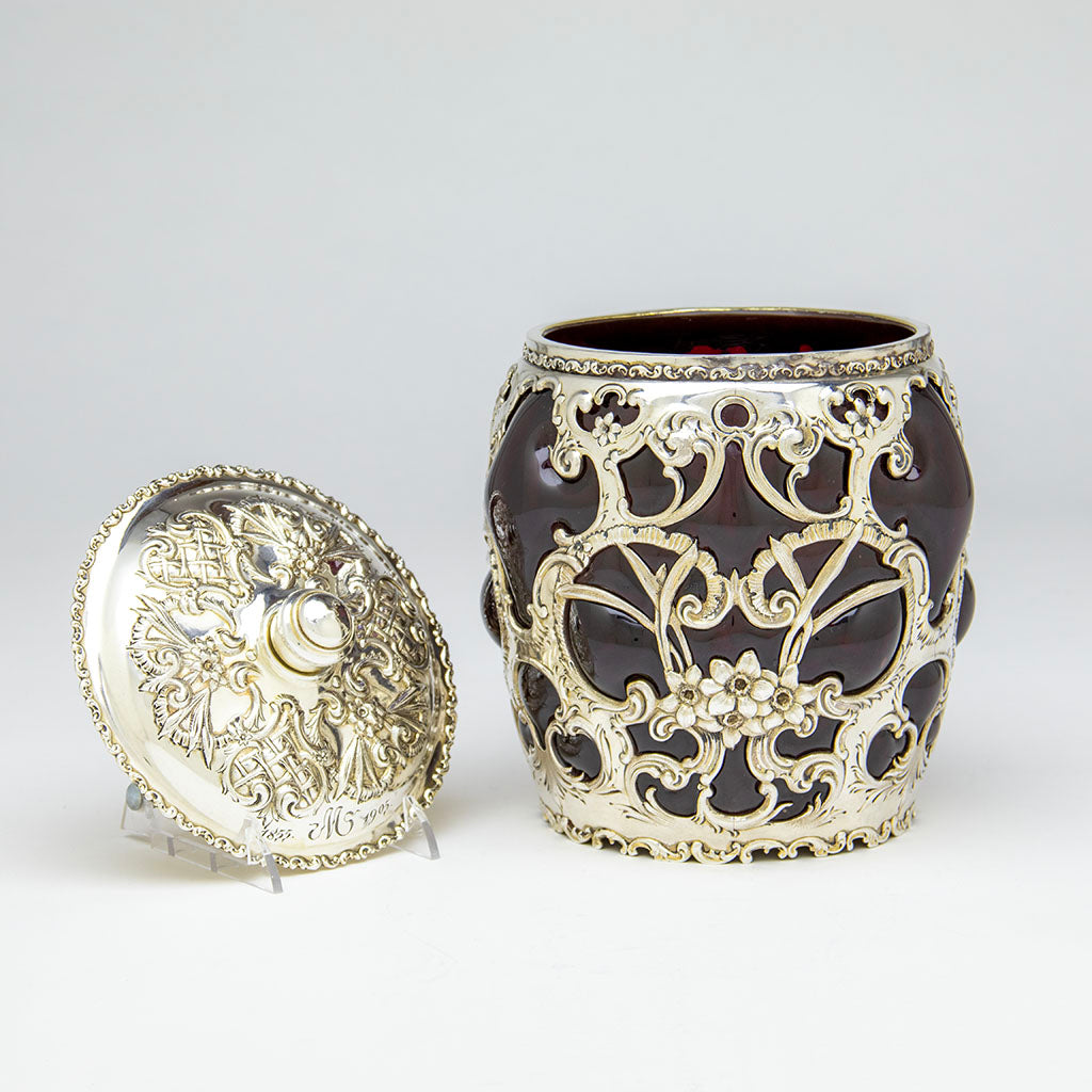 Open Whiting Antique Sterling Silver and Ruby Glass Cracker Jar, NYC, NY, 1905