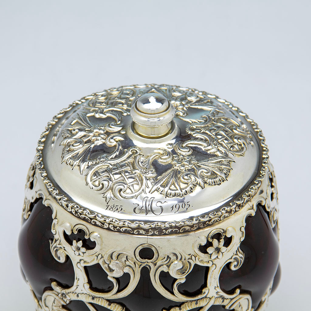 Engraving on Whiting Antique Sterling Silver and Ruby Glass Cracker Jar, NYC, NY, 1905