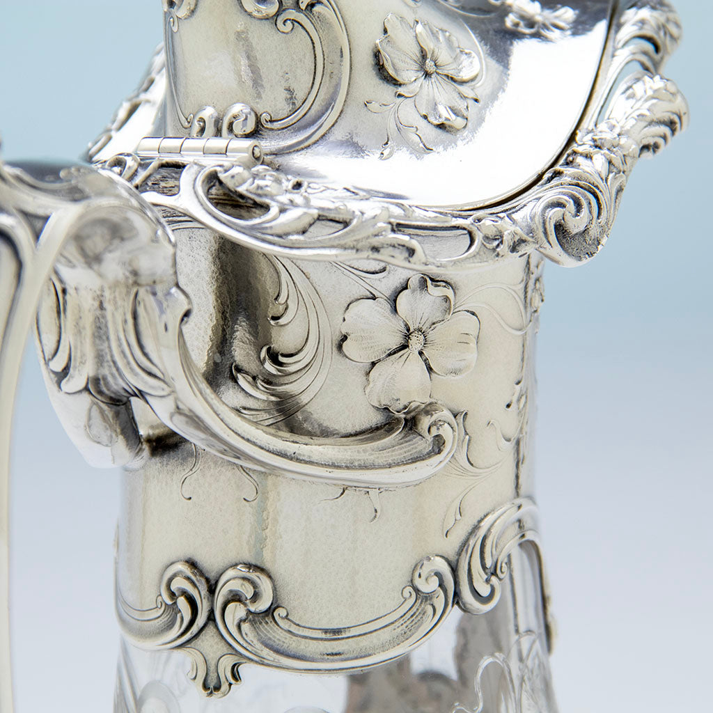 Chasing detail on Gorham Art Nouveau Sterling Silver Mounted Hoare Glass Claret Decanter, Providence, RI, 1902