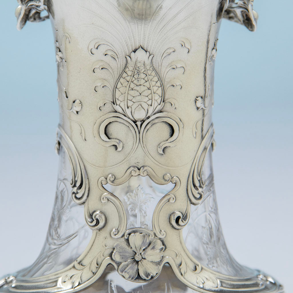Pineapple on Gorham Art Nouveau Sterling Silver Mounted Hoare Glass Claret Decanter, Providence, RI, 1902