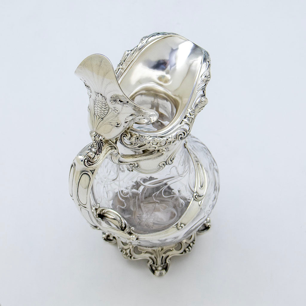 Open Gorham Art Nouveau Sterling Silver Mounted Hoare Glass Claret Decanter, Providence, RI, 1902