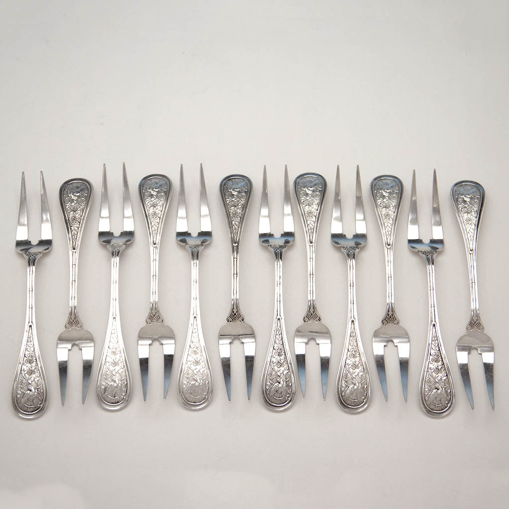 John Wendt 'Bird' Pattern Antique Sterling Silver Oyster Forks, set of 12, New York City, c. 1870's
