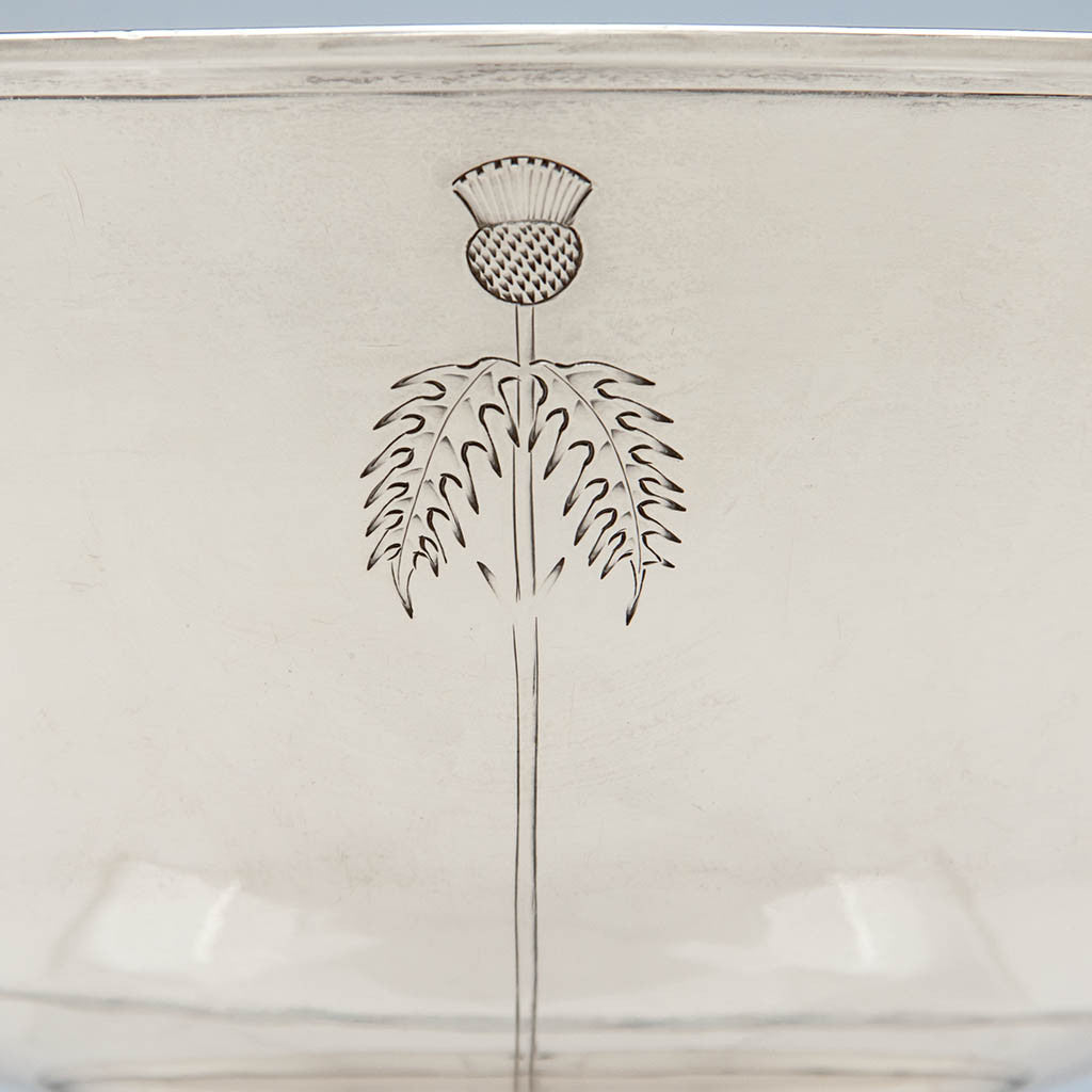 Chasing on Arthur Stone Arts &amp; Crafts Sterling Silver Thistle Decorated Bowl, Gardner, MA, c. 1914