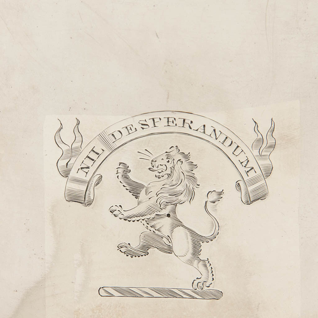 Crest and motto on Antique Sheffield Plate Pair of Wine Coolers, England, c. 1820