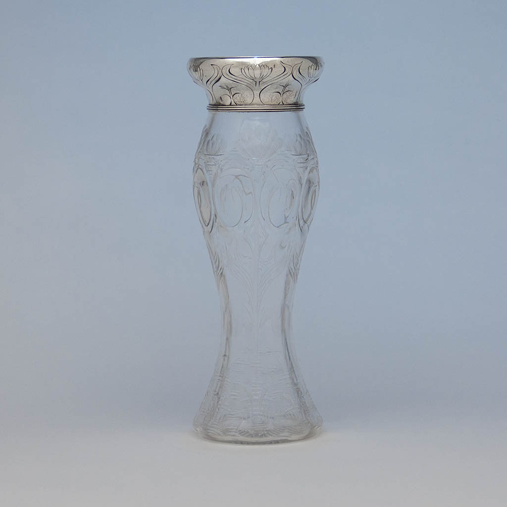 Tiffany & Co Antique Sterling Silver & Crystal Art Nouveau Vase, New York City, c. 1910
