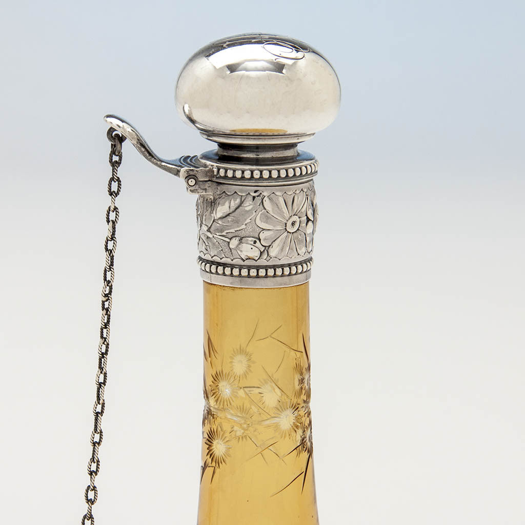 Top to Gorham Sterling and Amber Cut to Clear Glass Claret Jug or Decanter, Providence, RI, 1887, the glass likely by Stevens &amp; Williams of England