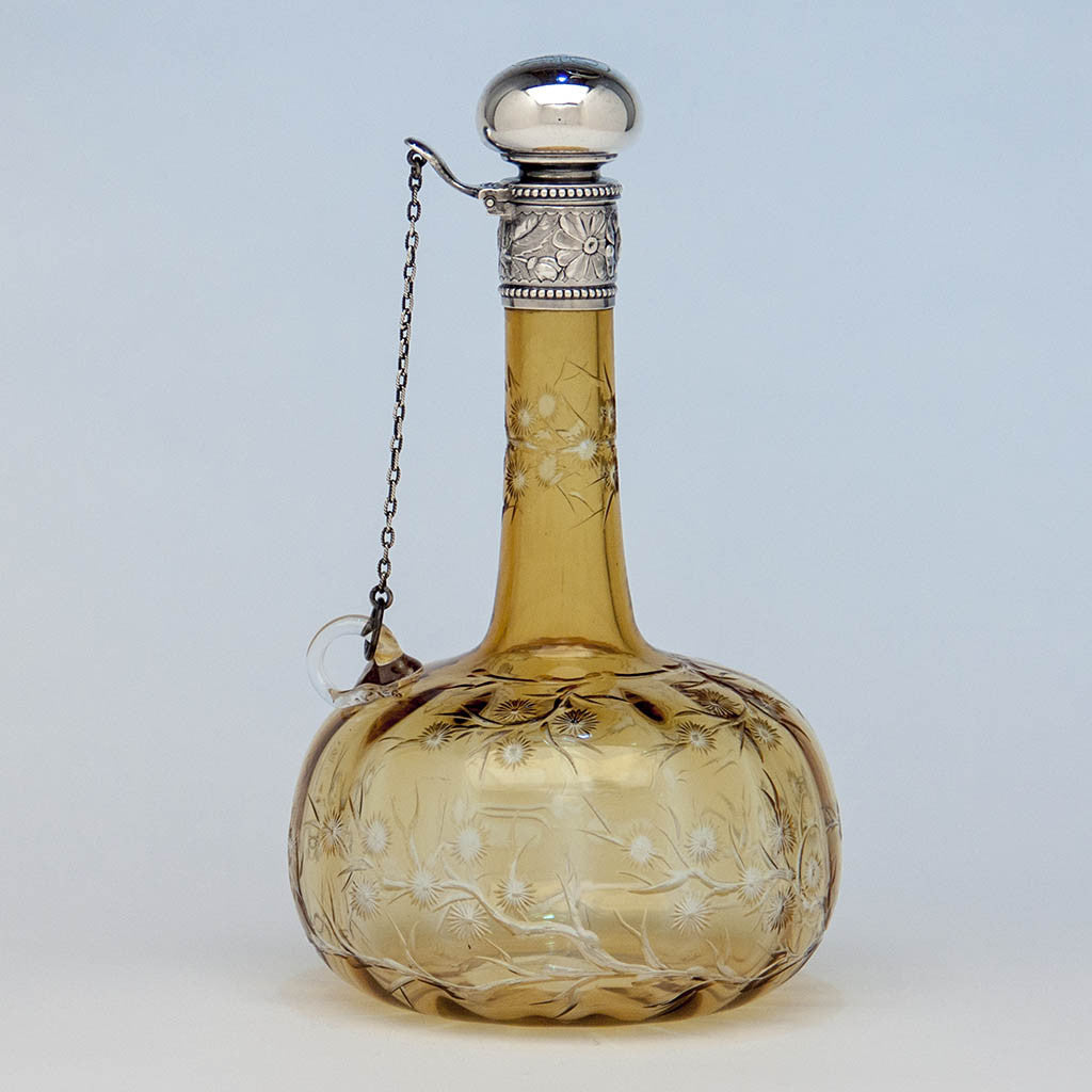 Gorham Sterling and Amber Cut to Clear Glass Claret Jug or Decanter, Providence, RI, 1887, the glass likely by Stevens &amp; Williams of England
