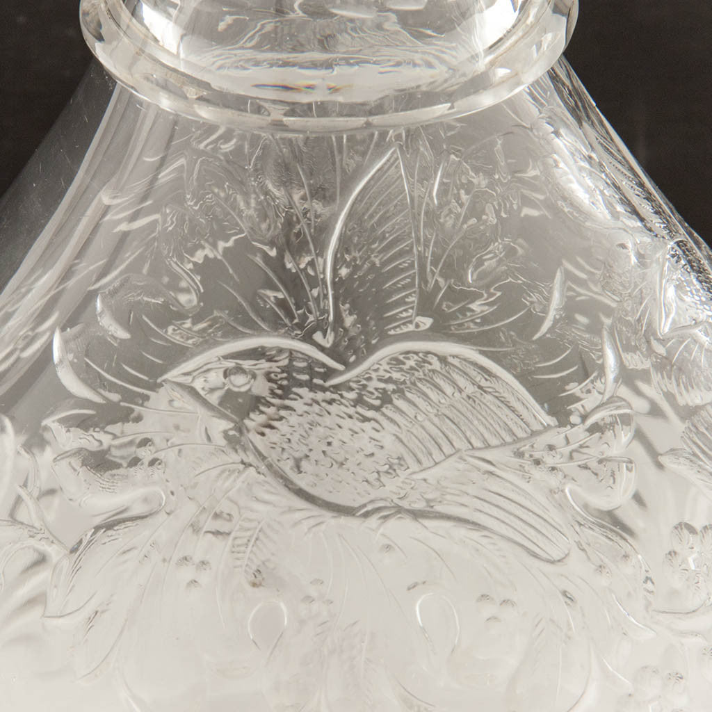 Bird detail on Gorham Antique Sterling Mounted Crystal Decanter or Claret Jug, Providence, RI, 1886