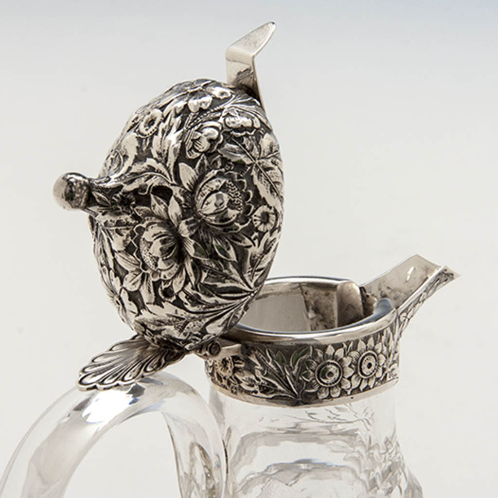 Open cover to Gorham Antique Sterling Mounted Crystal Decanter or Claret Jug, Providence, RI, 1886
