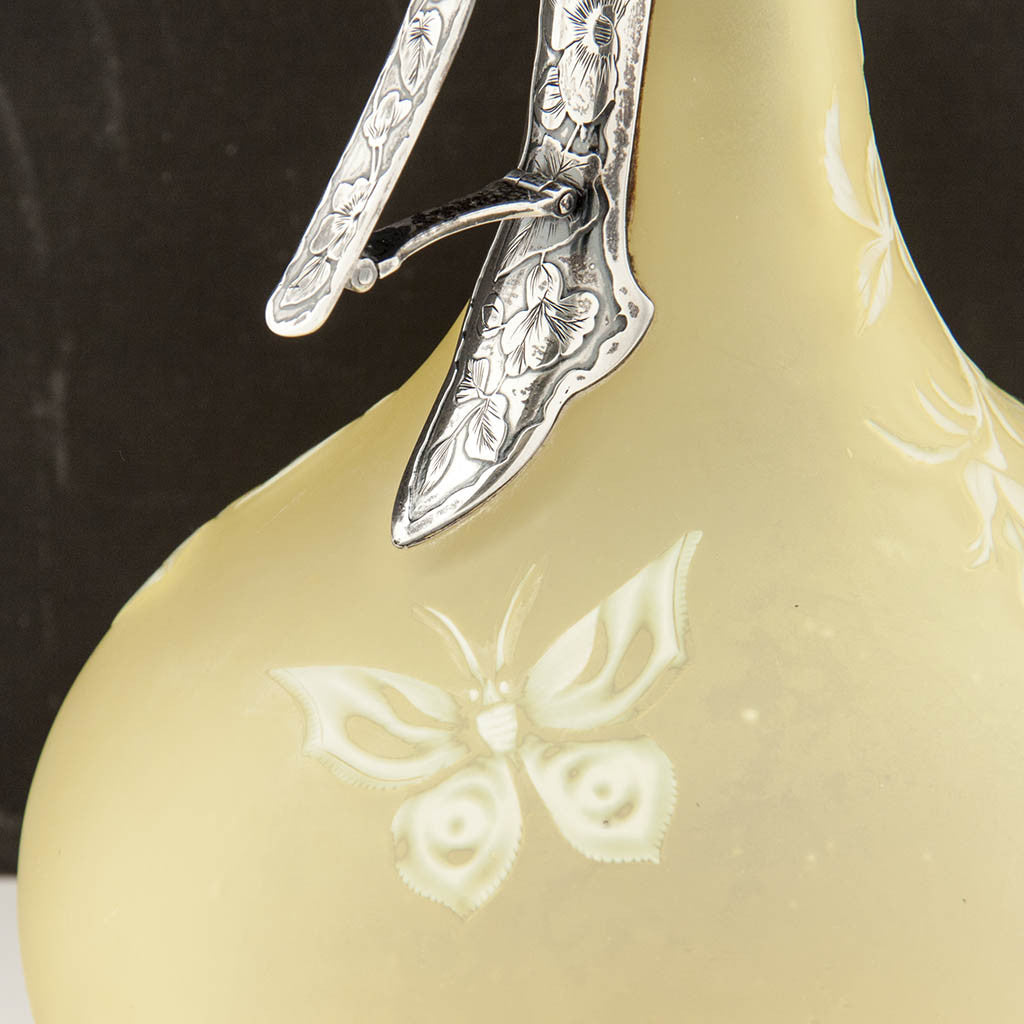 Butterfly on Gorham Sterling and Yellow Cameo Glass Claret Jug or Decanter, Providence, RI, 1887