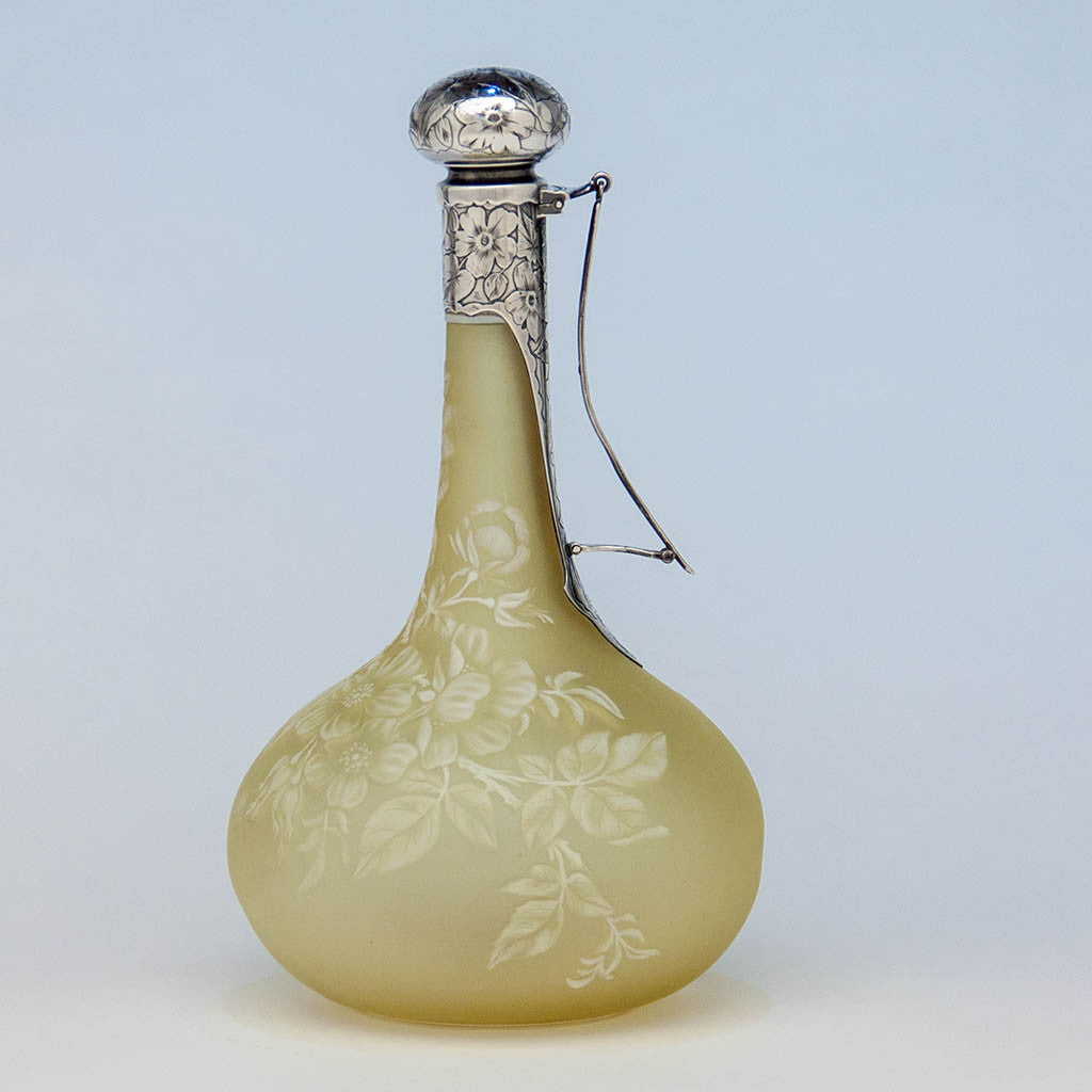 Gorham Sterling and Yellow Cameo Glass Claret Jug or Decanter, Providence, RI, 1887