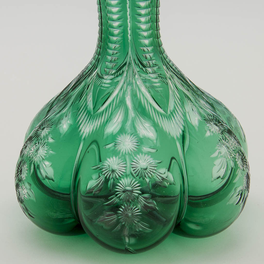 Bottom of Johnson, Durban &amp; Co Sterling Collar, Birmingham, 1897/98, with Williams &amp; Stevens (attr.) Green Cut to Clear Glass Decanter