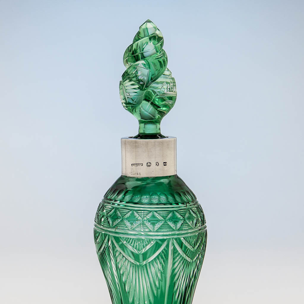 Finial to Johnson, Durban &amp; Co Sterling Collar, Birmingham, 1897/98, with Williams &amp; Stevens (attr.) Green Cut to Clear Glass Decanter